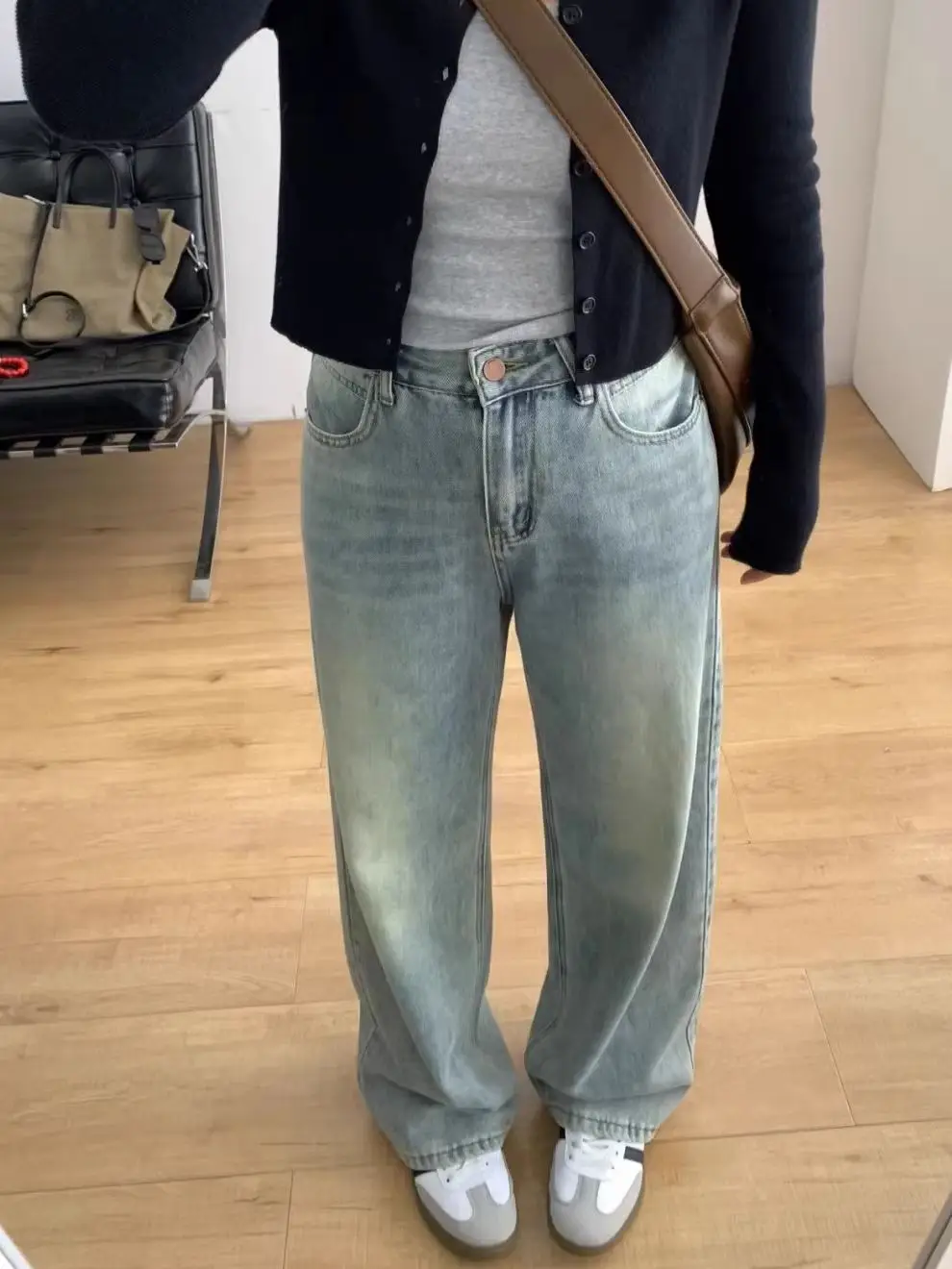 

Y2K Light Blue Jeans Women High Waist Patchwork Design Narrow Wide Leg Floor Length Denim Pants