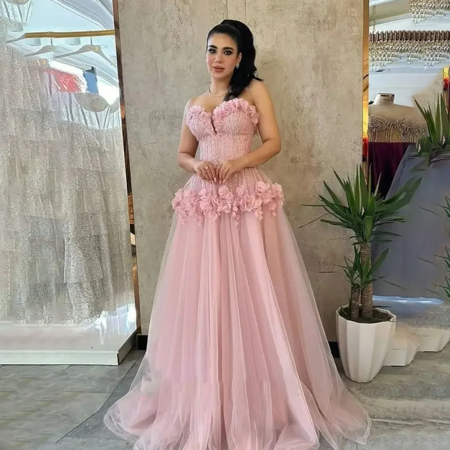 Robe de soirée sans bretelles, ornée de fleurs, romantique, fluide, en Tulle, ligne a, robe formelle, longueur au sol, robe élégante