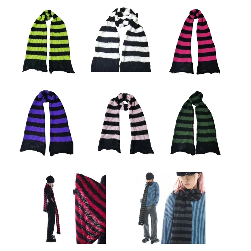 

Y2K Adult Teens Harajuku Striped Scarf Women Men Casual Winter Thick Knit Long Scarf Outdoor Windproof Cold Weather Neckerchief