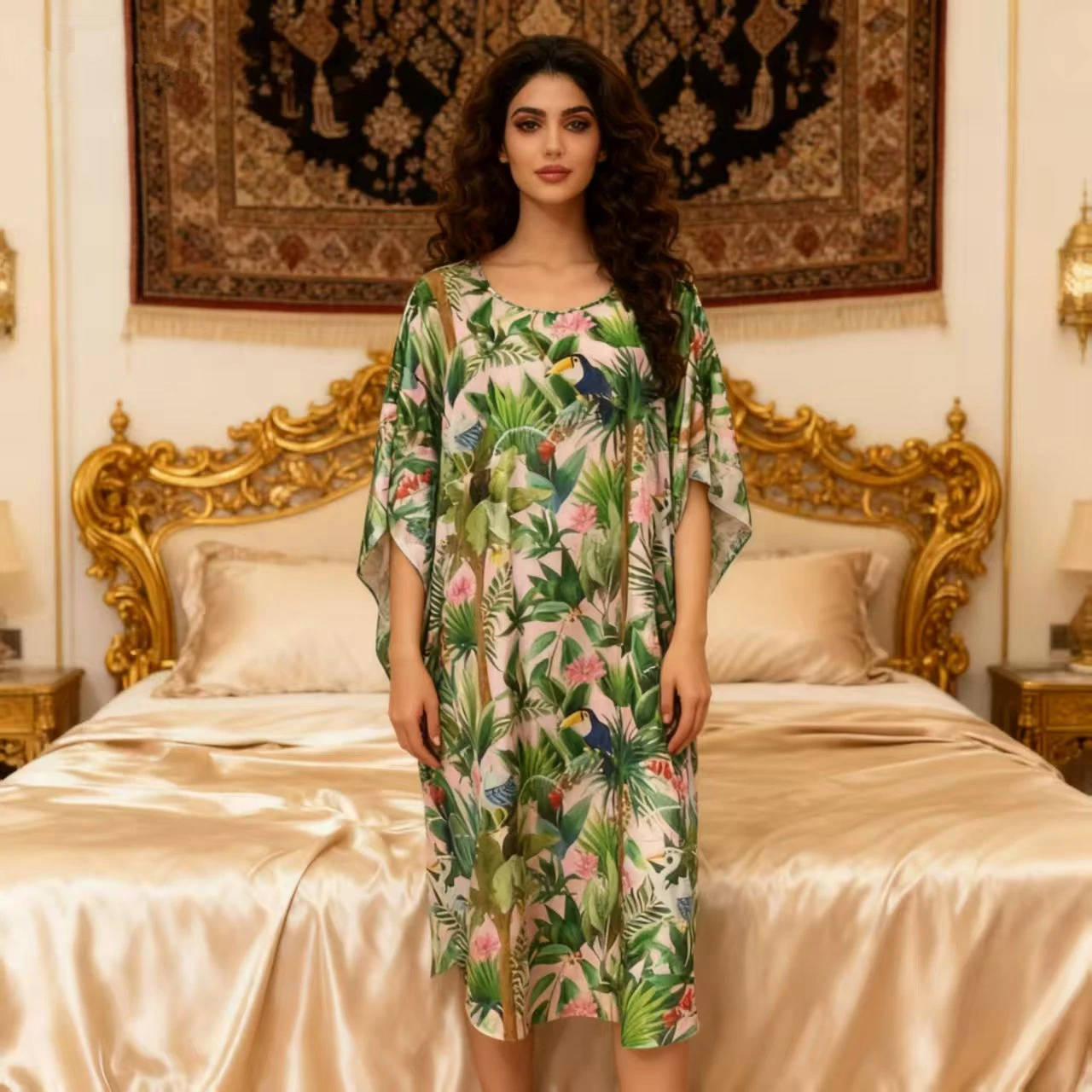 Plus Size Loose Batwing Sleeve Night Dress Women's Floral Print Nightie Short Sleeve Sleepwear Female Middle Eastern Nightgown