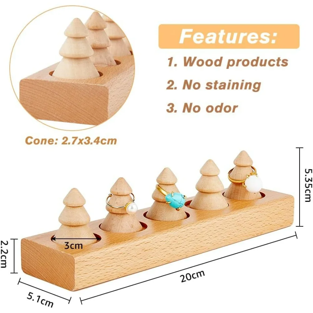 1 Set with 5Pcs Cones Burlywood Wooden Ring Display Stand Wooden Ring Display Stand Ring Holder Showcase Display Stand for