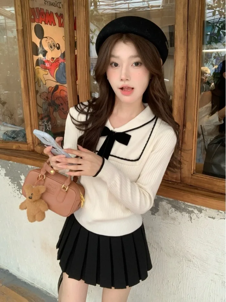 

Spring New Design Sensation Women's Knitted Shirt Knot Turn-down Collar Long Sleeve Slimming Top Color Block