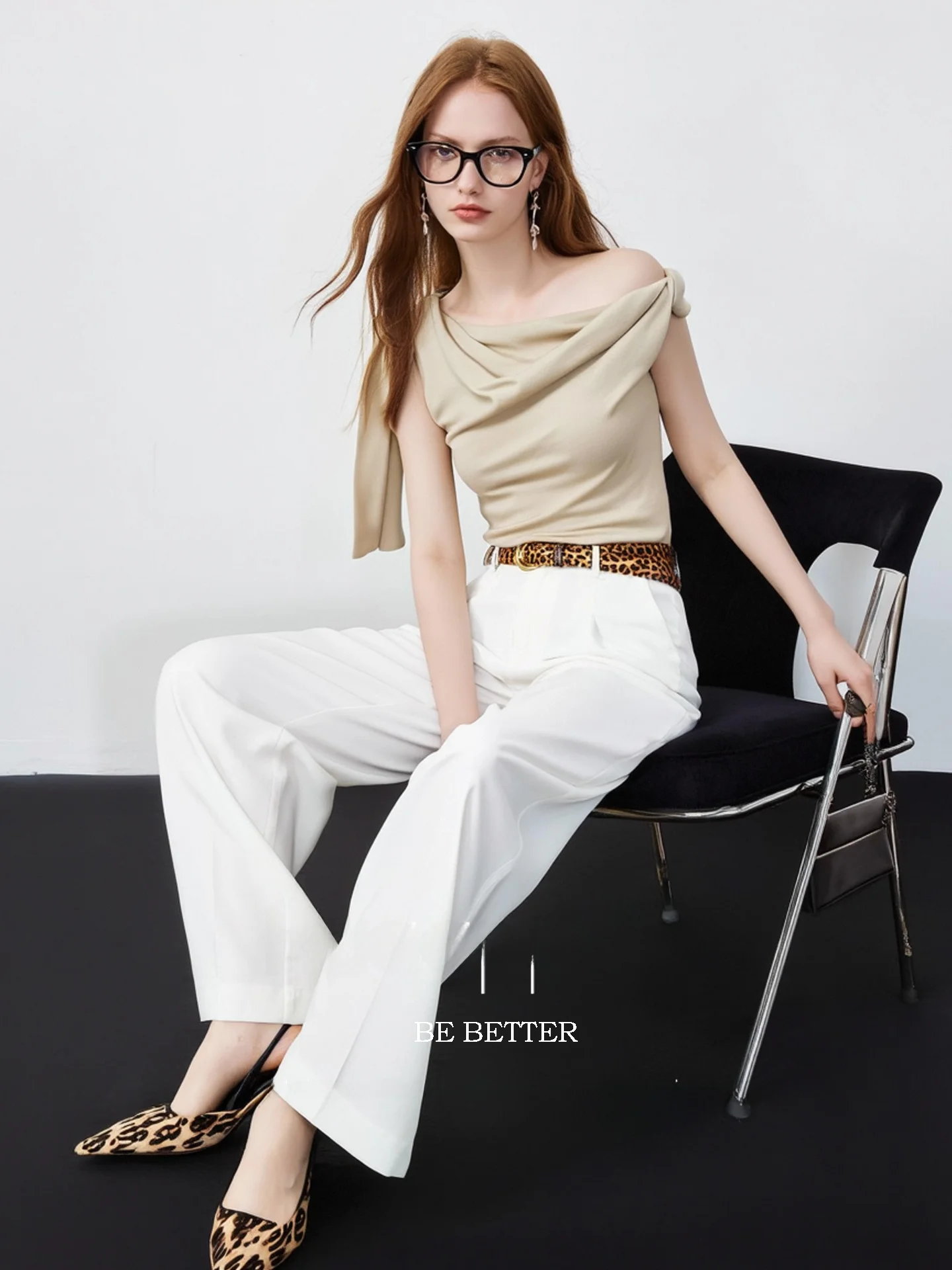 HUAAPPUW Asymmetrical Shoulder Banded Neckline Slim Fit Sleeveless T-Shirt Irregular Style Casual Breathable Women's Top