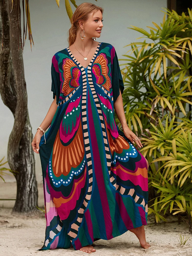 Vestido de cobertura grande com estampa colorida para mulheres 2025 estilo tie dye decote em v solto proteção solar festa de férias boho coverups dres