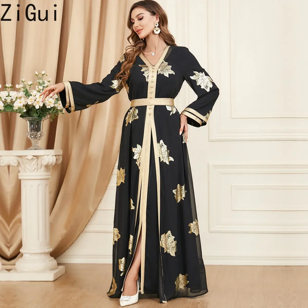 Night Dress Long Sleeve V Neck 2Pcs Suit Robe Belt Black Chiffon Gold Bronzing Luxury Dubai Evening Dress