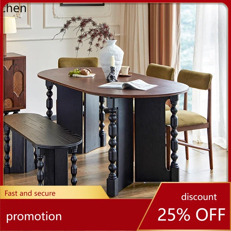 

HXL retro solid wood dining table home medieval oval table multi-functional conference desk