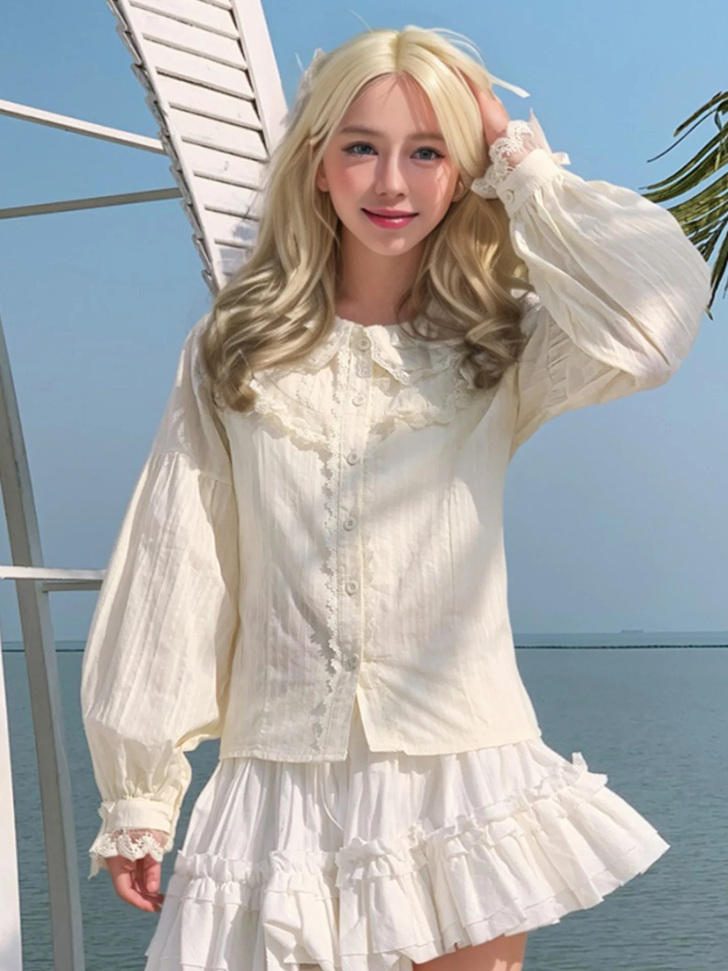 

Lolita Style Soft Sister Cute Bubble Sleeve Shirt Women's Inner Wear Top Large Size 200 Pounds Spring Autumn Season Polyester...