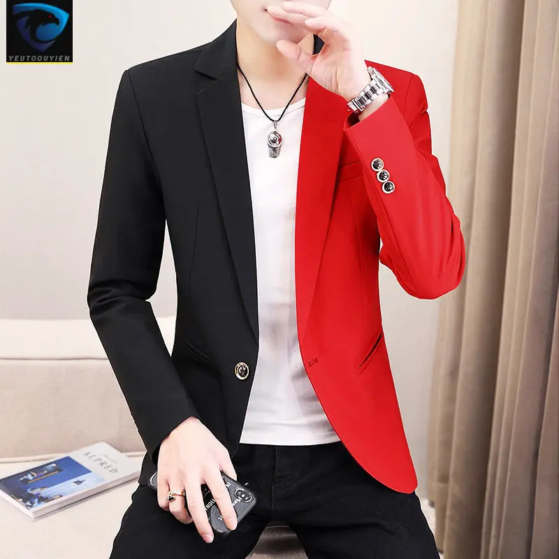 

Men's Personality Splicing Color Fashion Casual Small Suits Dress Nightclub Singer Tide Spring Blazers Coats Male Slim Jackets