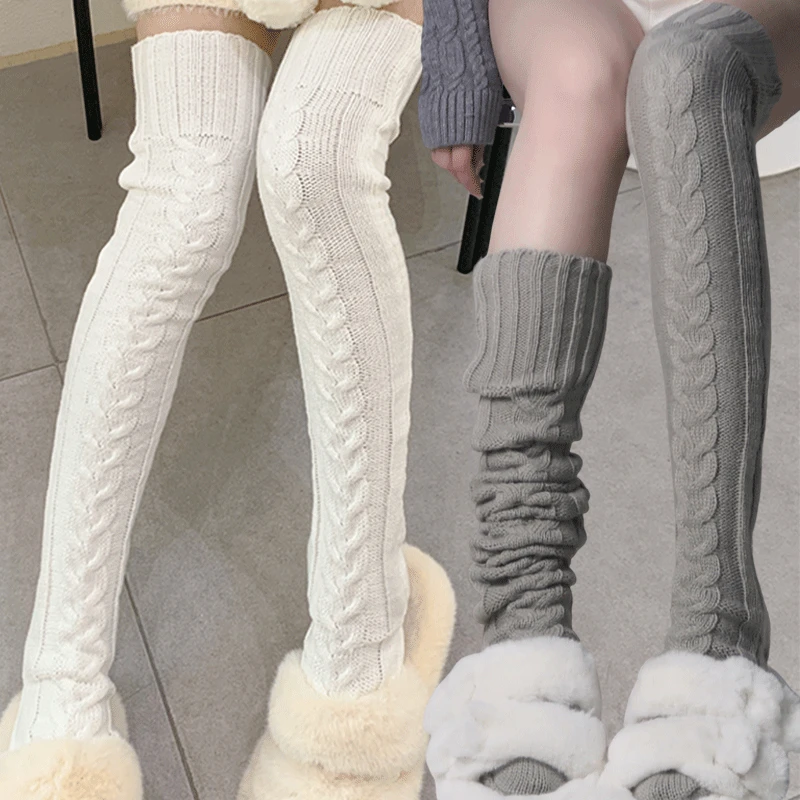 

New Women Long Stockings Girls Over Knee Long Thigh High Knitting Socks Plus Size Overknee Socks Knitting Warm Wool Stocking