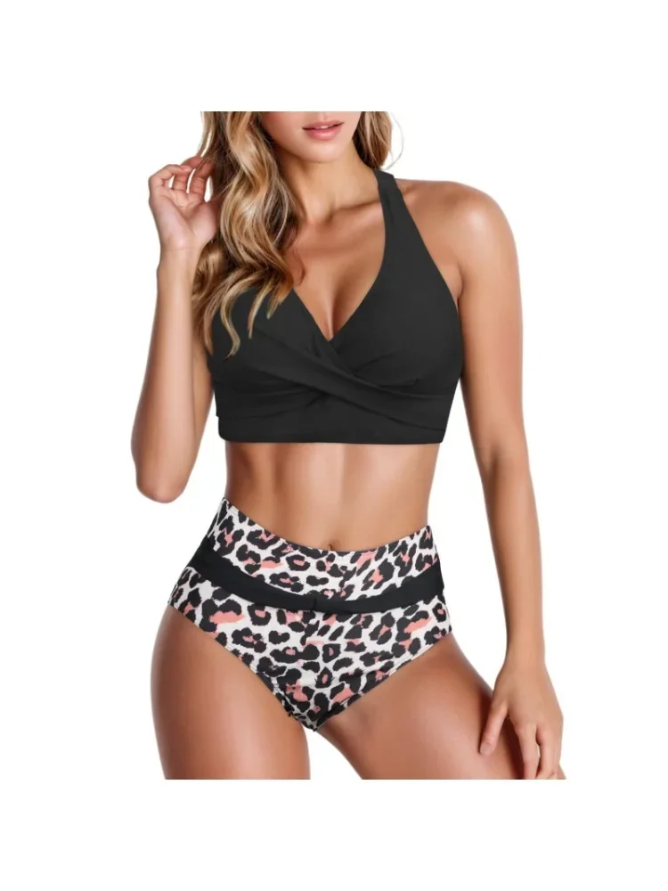 Summer Sexy Women's 2-Piece Bikini Ruched Swimsuit Cross Back Halter Print Triangle Trunks Beach Sports Swimwears Separate 2024