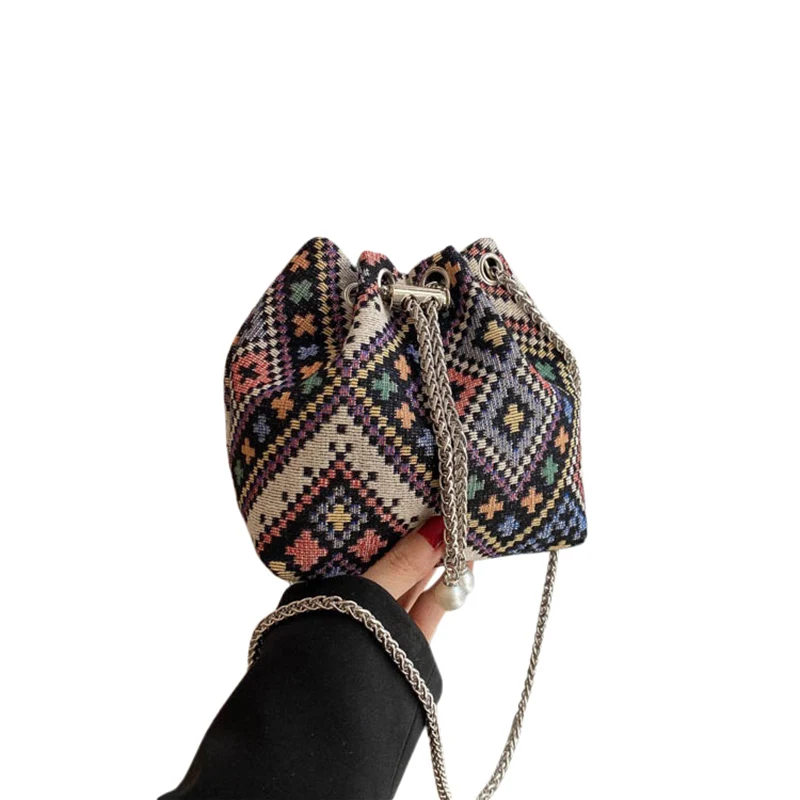 

Women Crossbody Bucket Bag Lightweight Retro Geometric Chain Drawstring Small Shoulder Bag Handbag for Travel
