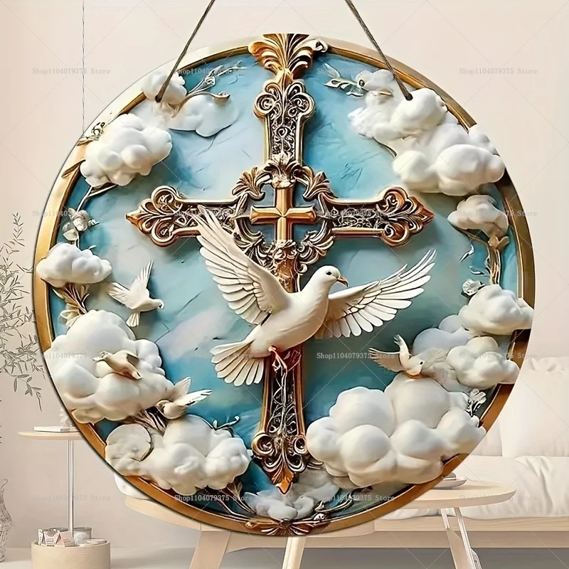 Retro Peace Dove 2D Wooden Ornaments Welcome Sign Decoration Round Wooden Sign Ornaments Front Door Room Decoration Gift