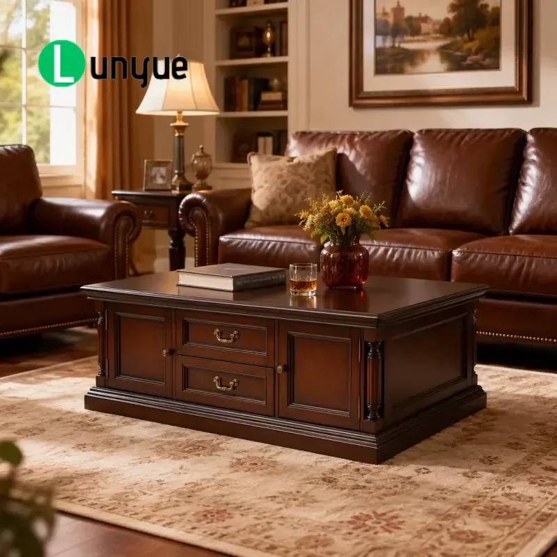 Medieval Style Solid Wood Coffee Table with Storage Drawer Handmade Vintage Brown Furniture for Living Room Hotel Home Decor