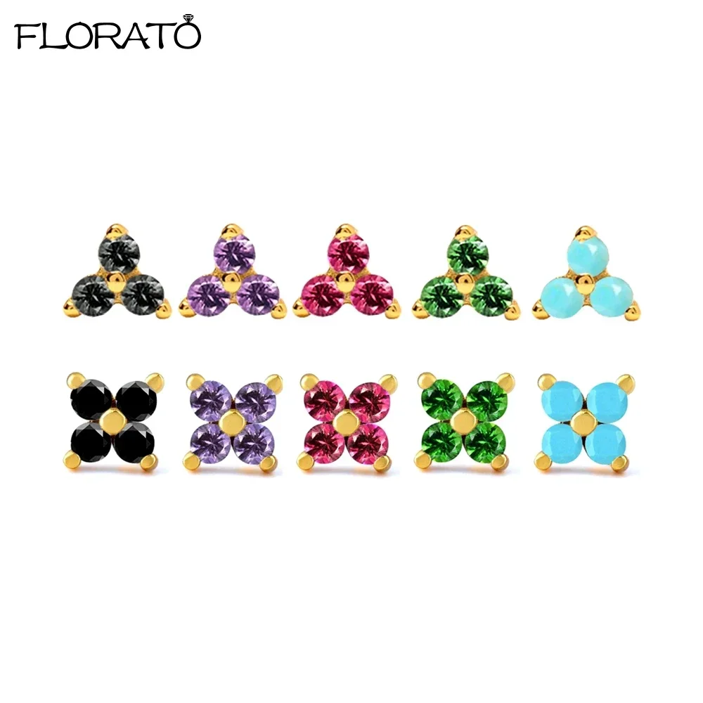 Simple Tiny Four Leaf Grass Stud Earrings 925 Sterling Silver Needle Colorful Crystal Earrings for Women Cute Pierced Jewelry