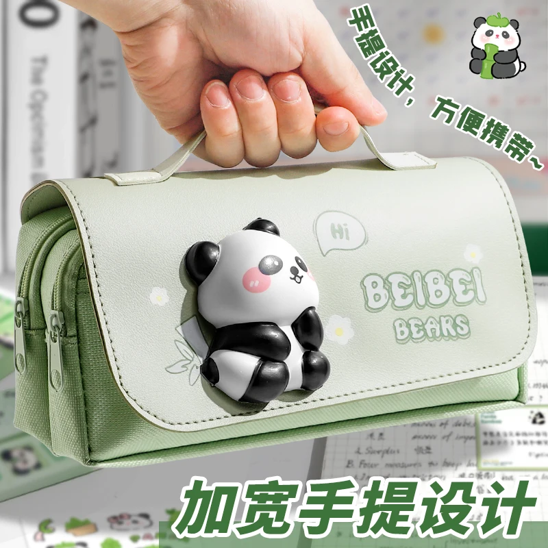Green Panda Pencil Bag Large Capacity Stationery Pen Case Bear Dog Cat Handle Storage School Supplies Gift Box PU Ruler Holder A