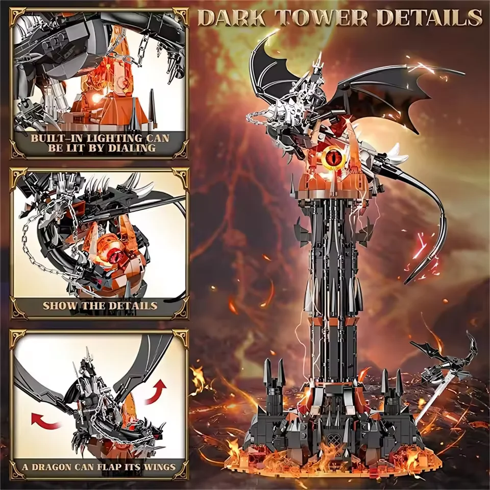 997 قطعة برج أسود إبداعي ماجيك دراجون بنة أفكار الخبراء الطوب برج داكن مع أضواء لعبة تجميع للأطفال هدايا
