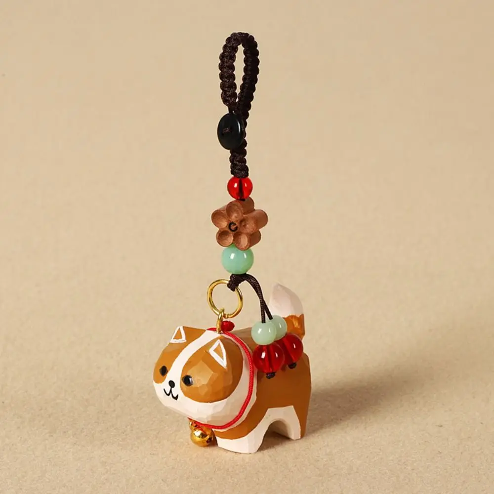 Fashion Flower Wooden Carved Dog Keychain Weave Rope Beads Wood Shiba Inu Dolls Pendant Bag Hanging Kawaii Car Keyring Gifts