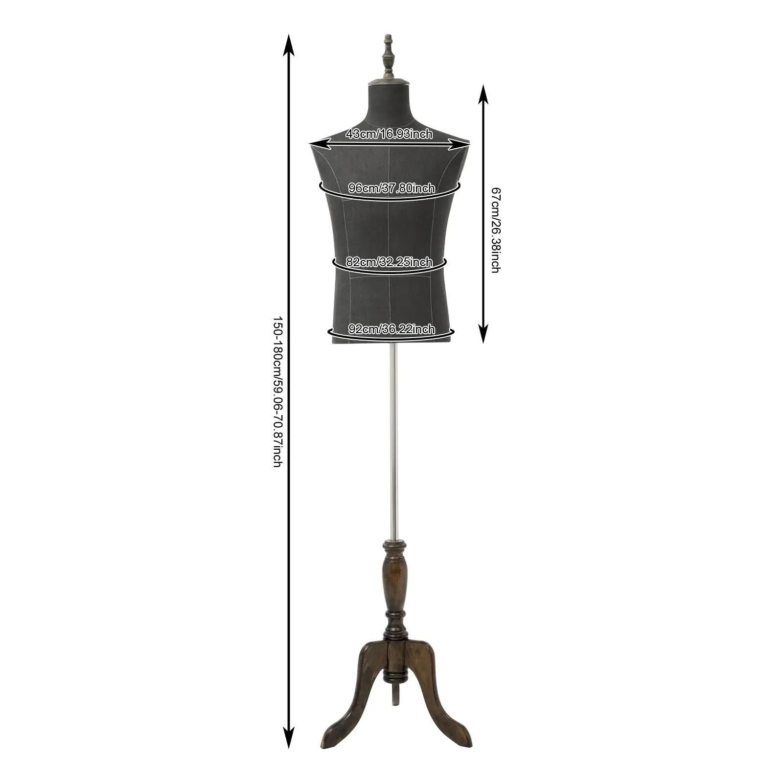 Torso manichino maschile con altezza regolabile, nero, per negozi di abbigliamento da uomo e laboratori di sartoria, manichino a forma di abito maschile B