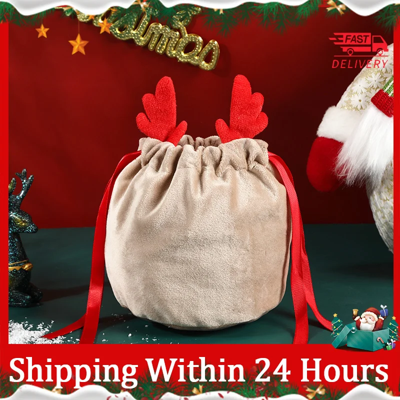 Christmas Candy Bag Antlers Bags Reindeer Velvet Draw String Bunny Gift Packing Bags Dropshipping Bags Decoration Navidad 2022