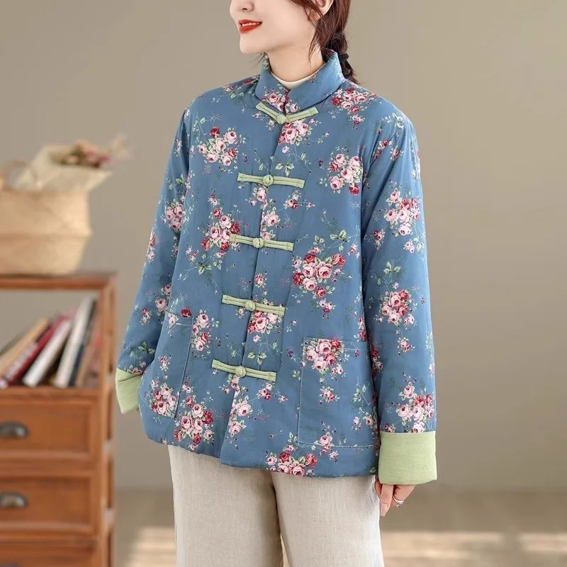 Chinese Style Color Blocked Floral Cotton Jacket Women's Winter Clothing Improved Tang Style Quilted Coat Retro Outerwear w1304