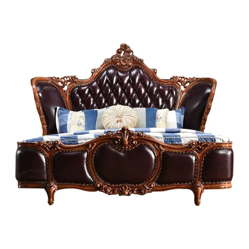 

European luxury double bed master bedroom wedding bed solid wood leather, beautiful bedroom furniture oak 2.2 meters bed