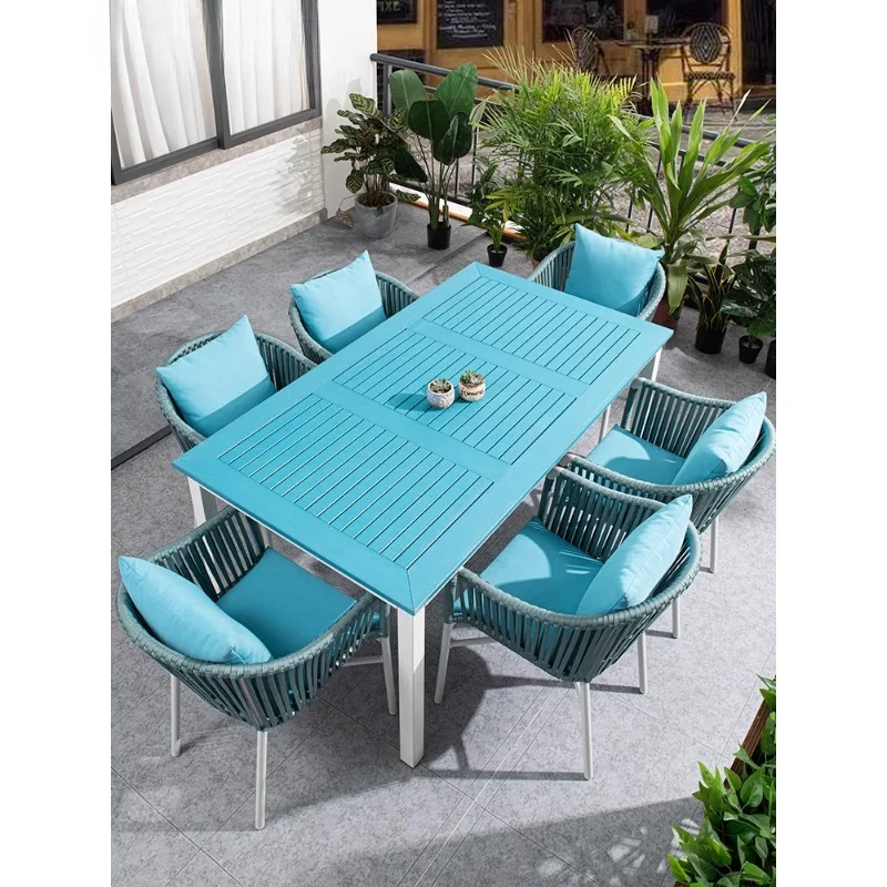 Simplified new blue and white outdoor plastic wood tables and chairs combined garden terrace chairs