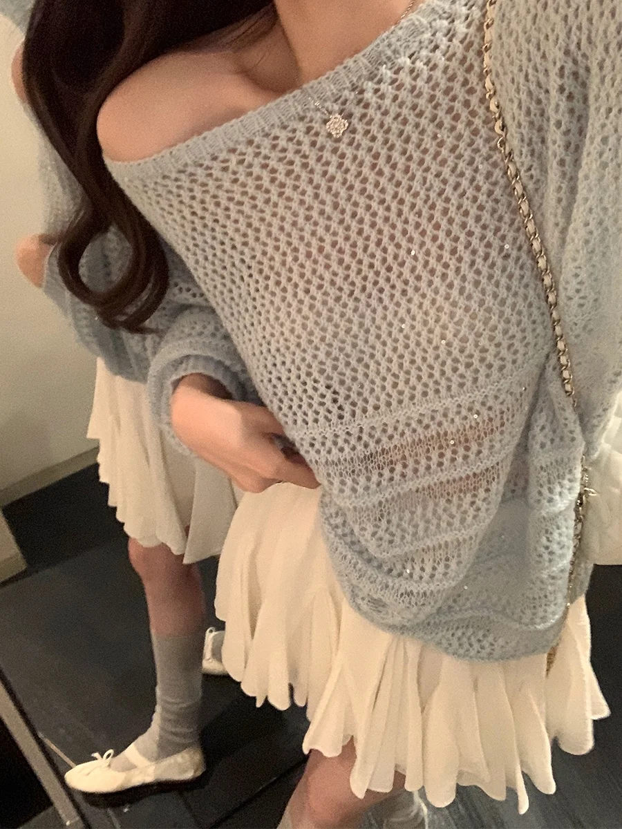 

MUKOK Cloud between Dr Blue Hollow out Thin Knitted Sweater Women's Spring Autumn Loose Slimming Sun Protection Cover up