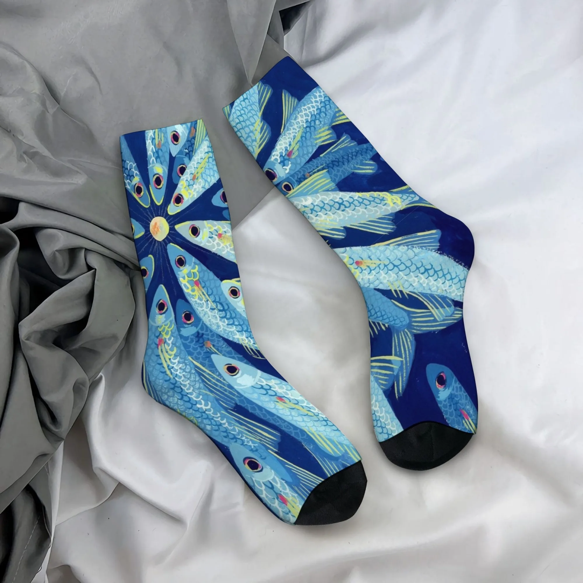 

Novel Harajuku Retro Hand-painted Ocean Fish School Pattern Crew Socks Dark Blue Base Mid-Calf Socks Edgy Casual Wear