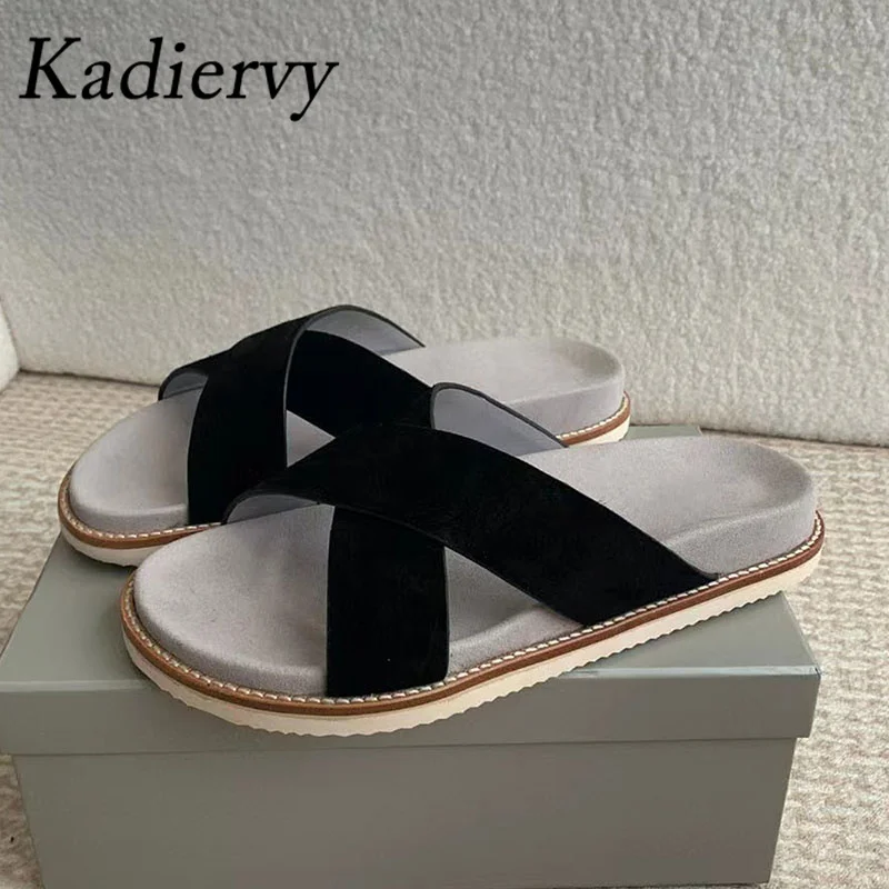 

High Quality Cow Suede Slippers Woman Holiday Casual Slides Summer Cross-tied Mules Shoes Woman Comfort Flat Slippers Women