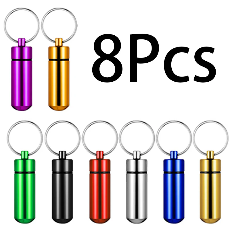 8 pçs de alumínio metal medicina cápsula garrafa chaveiro organizador titular pílula caixa armazenamento recipiente bolso ao ar livre caso pílula