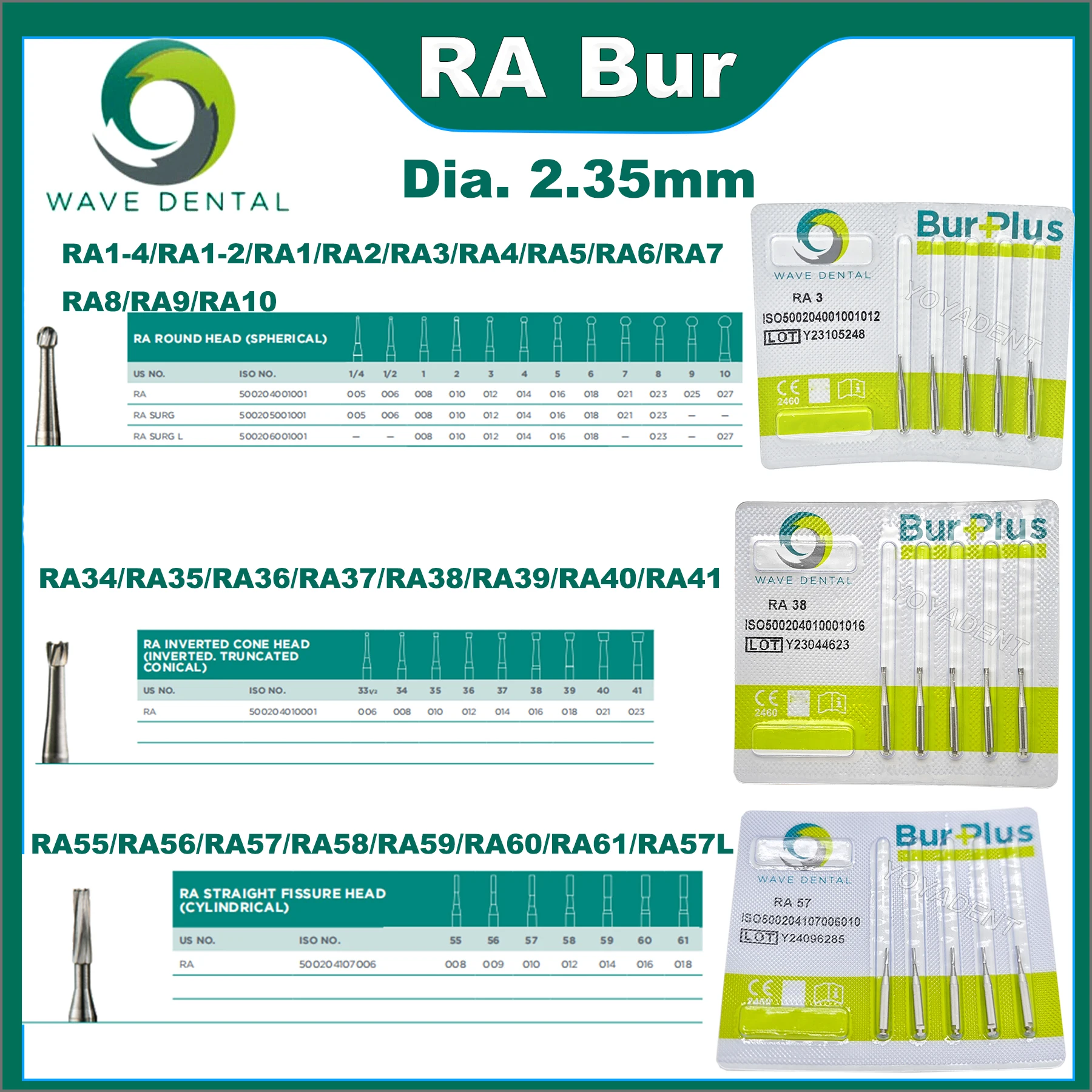 

WAVE Dental Bur Tungsten Carbide Burs Round ball/Inverted Cone/Straight Fissu Head RA 2.35mm For Low Speed Handpiece 5Pcs/Pack