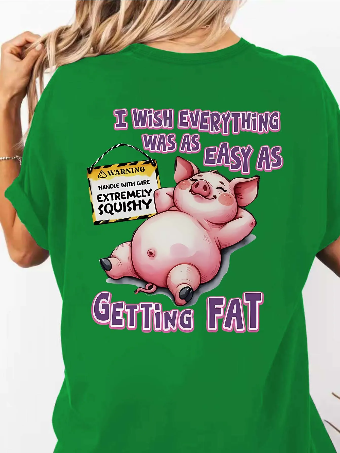 Positive Healing Cartoon Pig Yellow Warning Sign Pattern Printed Women's Fashionable Casual Round Neck Summer T-shirt