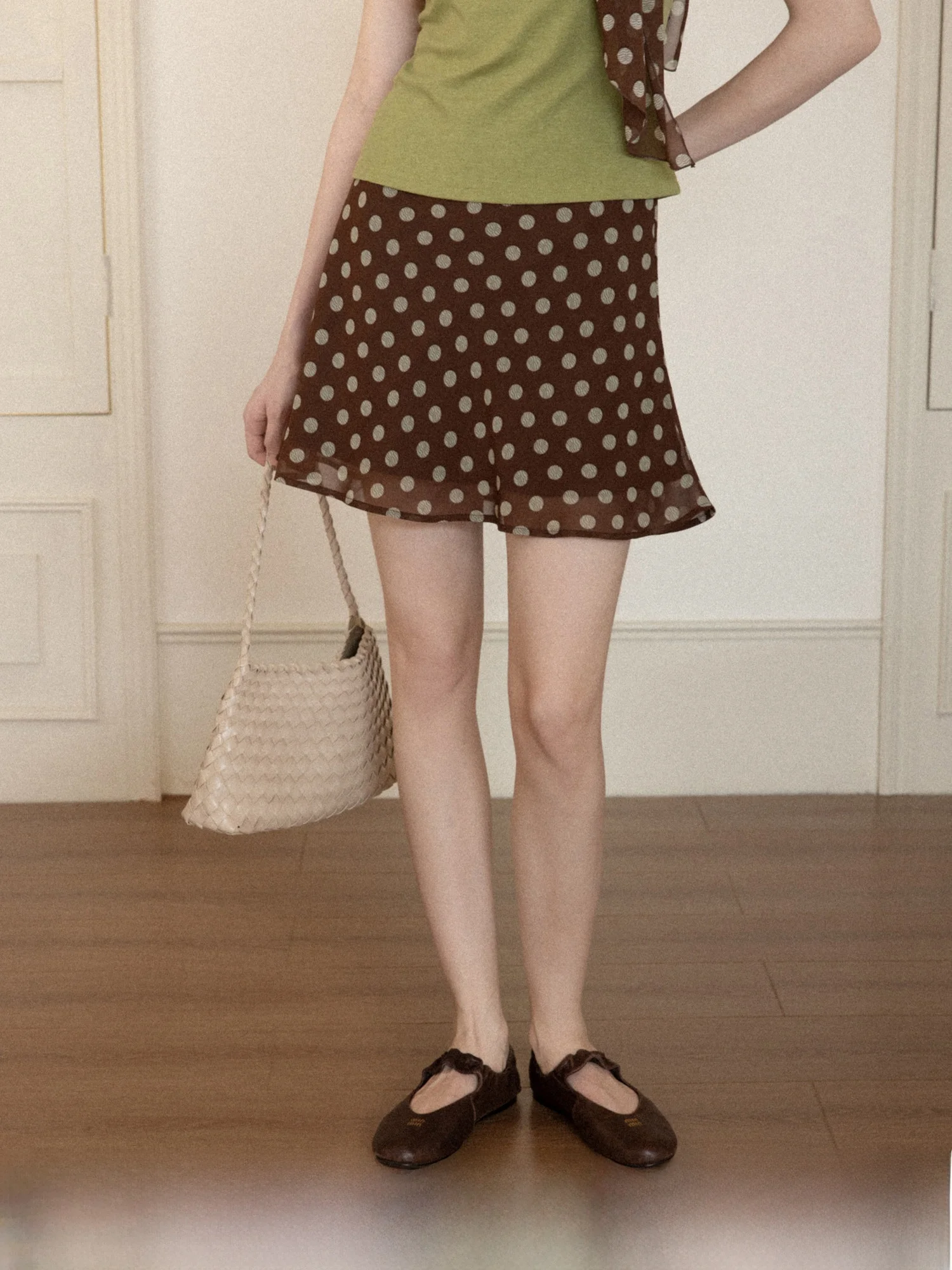 

Ретро-юбка А-силуэта в горошек с завышенной талией для женщин, повседневная, удобная, из полиэстера, весна 2026, универсальная короткая юбка