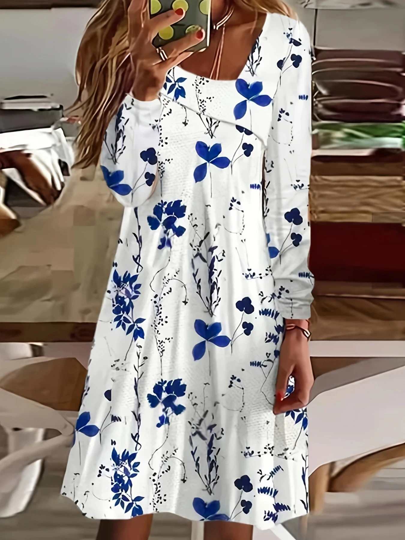 Autumn Winter Women New Fresh Elegant Diagonal Collar Long-Sleeve Floral Printed Female Knitted Dresses