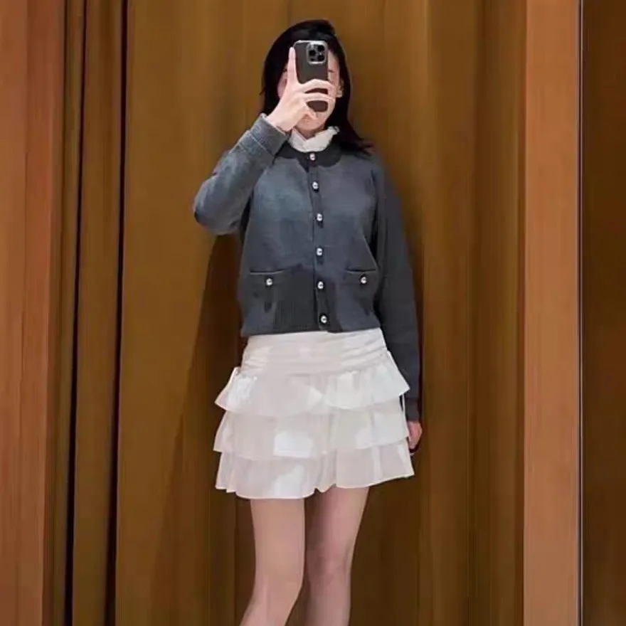 

Women's Grey Patchwork Knitted Cardigan Long Sleeve Single Breasted Elegant Ladies Tops