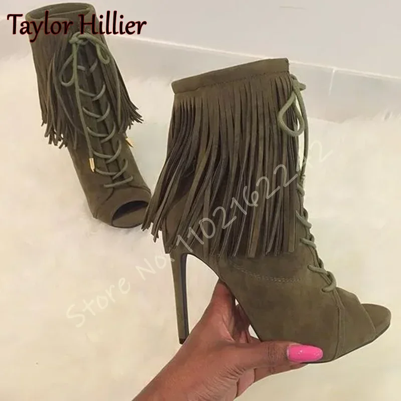 

Suede Frosted Open Toe Short Boots Round Head Stiletto Tassel High Heel Sandals Summer Sexy Fashion Nightclub Women'S Shoes 46