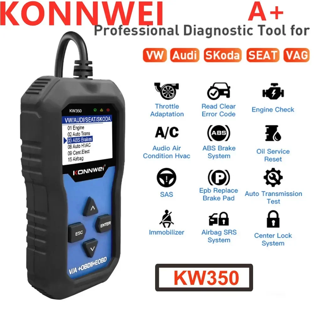 

Best quality KONNWEI KW350 OBD2 Code Scanner for Car VAG with ABS Airbag Reset Oil Service Light EPB Diagnostic Tool