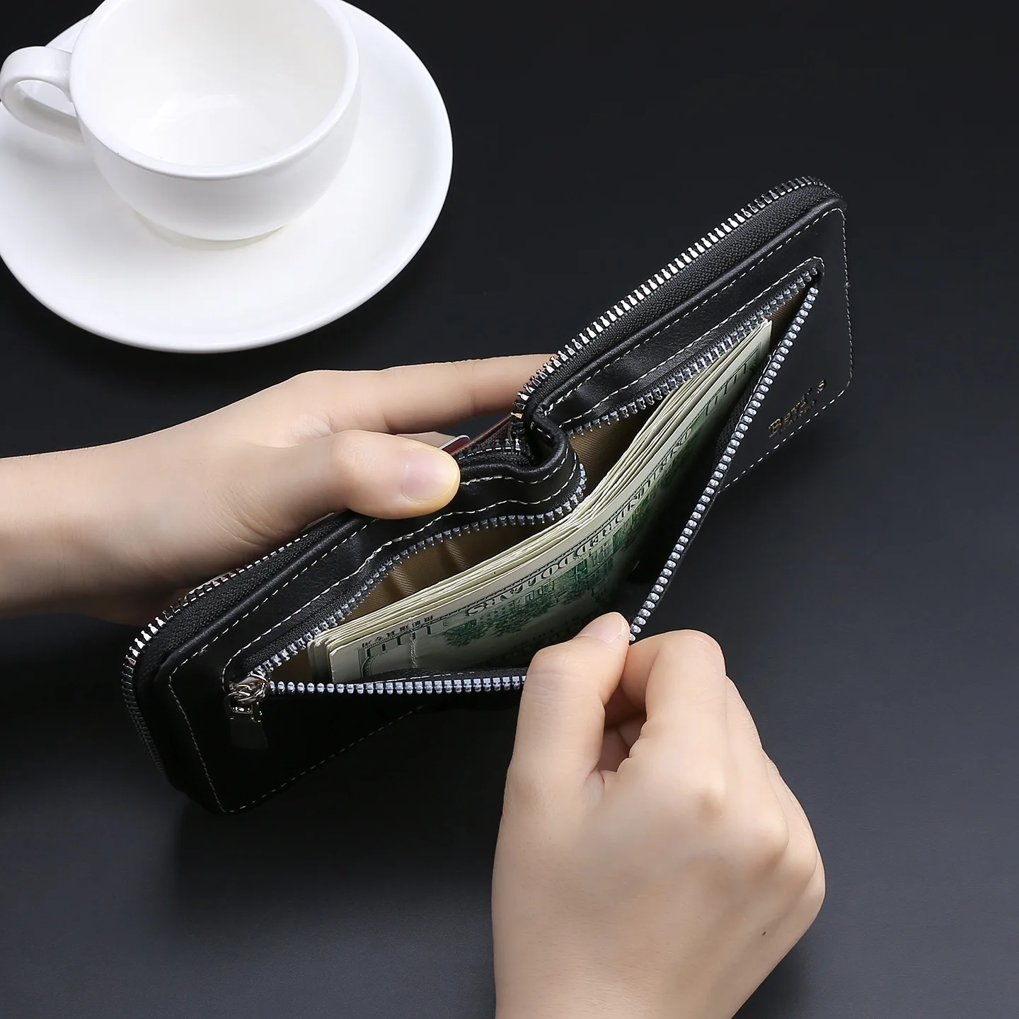 محفظة رجالية ذات سعة كبيرة وسحاب وحامل بطاقات ومحفظة كلاسيكية للسفر والعمل هدية