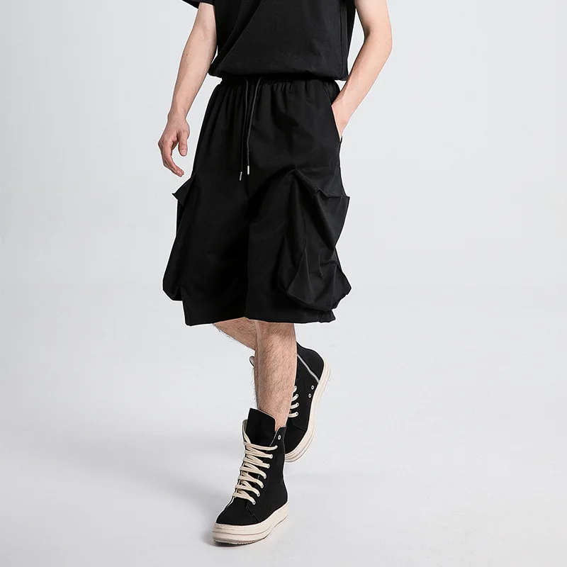 

Men's Shorts Japanese Style Pleated With Large Pockets Loose Cargo For Men Summer Casual Elastic Drawstring Shorts