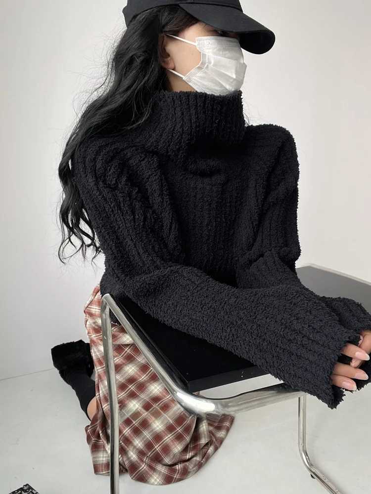 Sli ريترو عالية الياقة Thiened البلوز واحد oulder كسول ort محبوك سترة المرأة الخريف الشتاء لون فضفاض #3