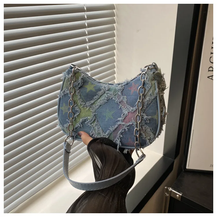 Damen-Tragetasche mit Sternmuster, blauem Distressed-Design, goldfarbene Hardware, stilvolle Handtasche, Umhängetasche für den täglichen Gebrauch – Detail 5