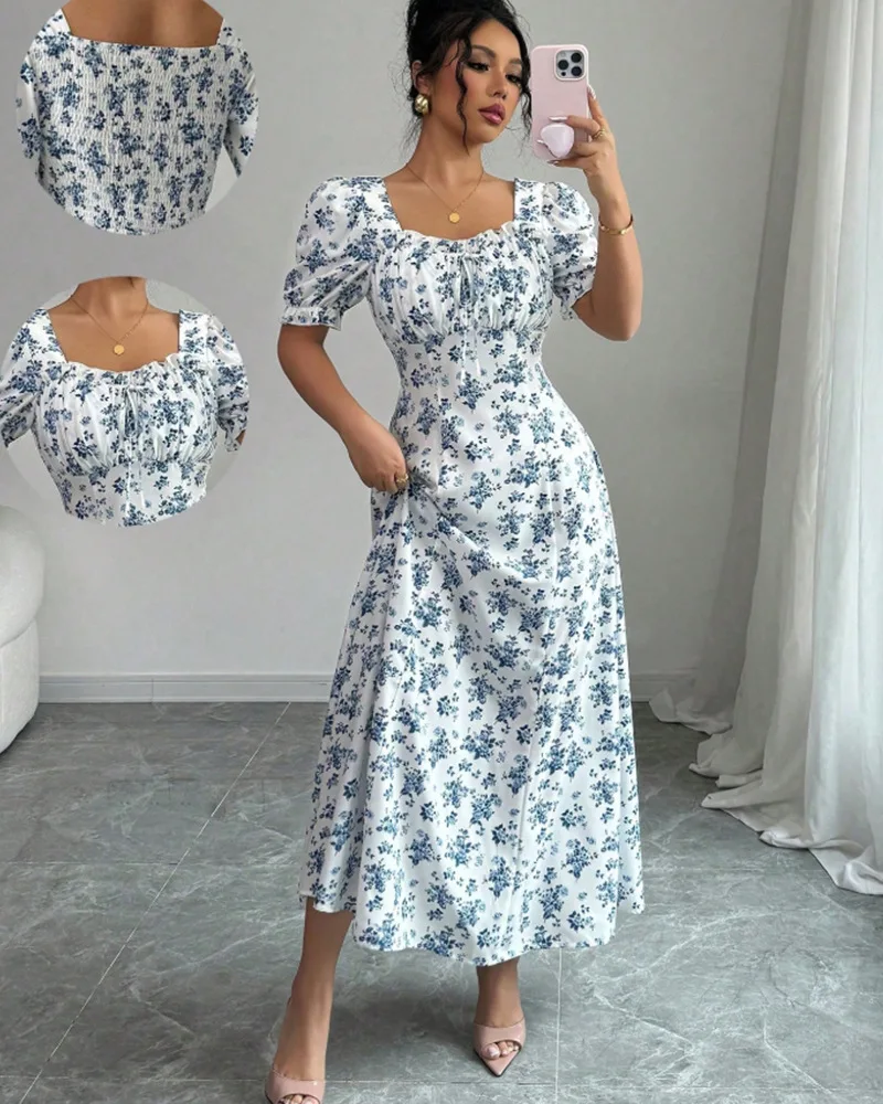 فستان نسائي مطبوع بأكمام منتفخة بقصة ضيقة وياقة مربعة فساتين طويلة مكشكشة أنيقة للسيدات فساتين على شكل حرف A غير رسمية 2025