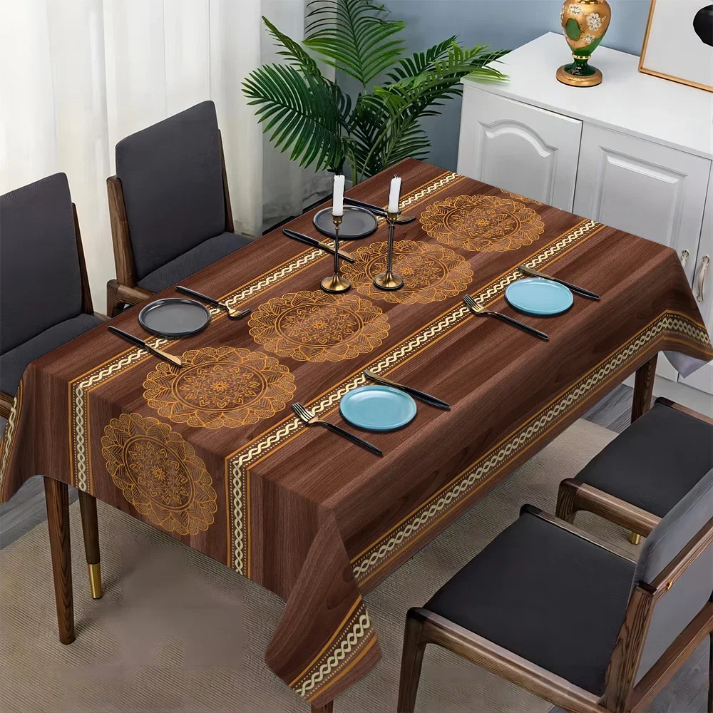 Elegant Waterproof Tablecloth Cover for Dining Room Buffet Table with Ornate Gold Pattern