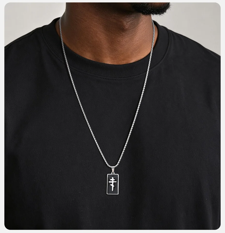 Vnox Herren Orthodoxes Kreuz Dogtag Halskette, Edelstahl Schwarz Emaillierter Religiöser Anhänger mit Kastenkette, Christliches Gebetsgeschenk für Ihn – Detail 3