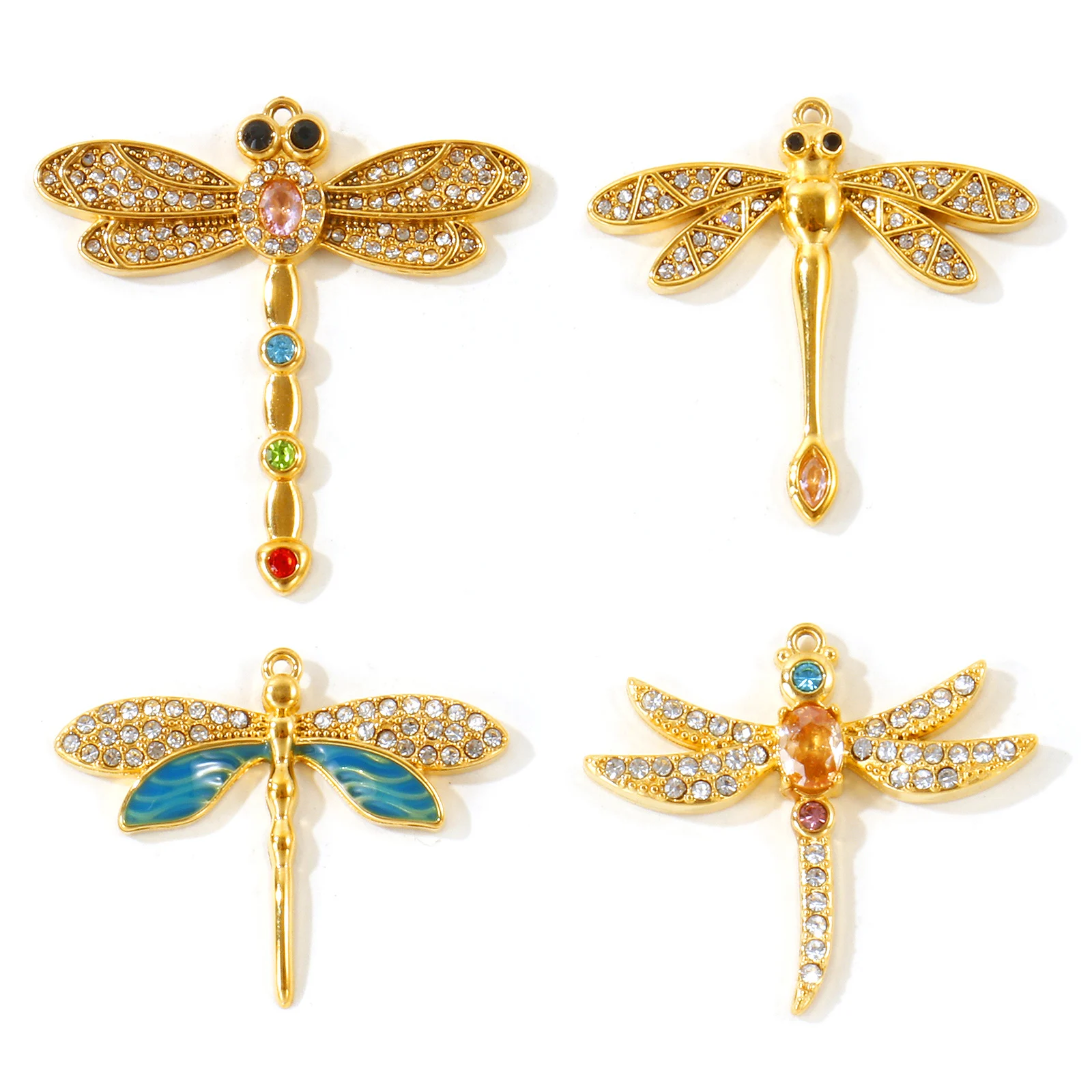 1pc Dragonfly Animal Pendant Multicolor Cubic Zirconia Stainless Steel 18K Gold Plated  Charms DIY Necklace Making Accessories