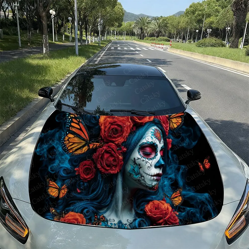Red Roses & Monarch Butterflies Car Vinyl Wrap, PVC Waterproof Car Hood Sticker, Self-Adhesive Scratch-Resistant Stickers