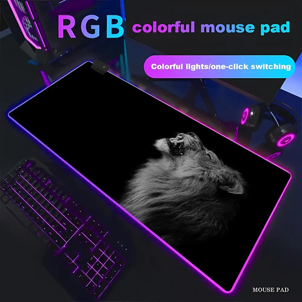

HYBXAXC Mouse Pad Rubber Non-slip For Office Gaming Black White Lion Photo Desk Mat RGB Pad HD Gamer Large LED Light XXL PC