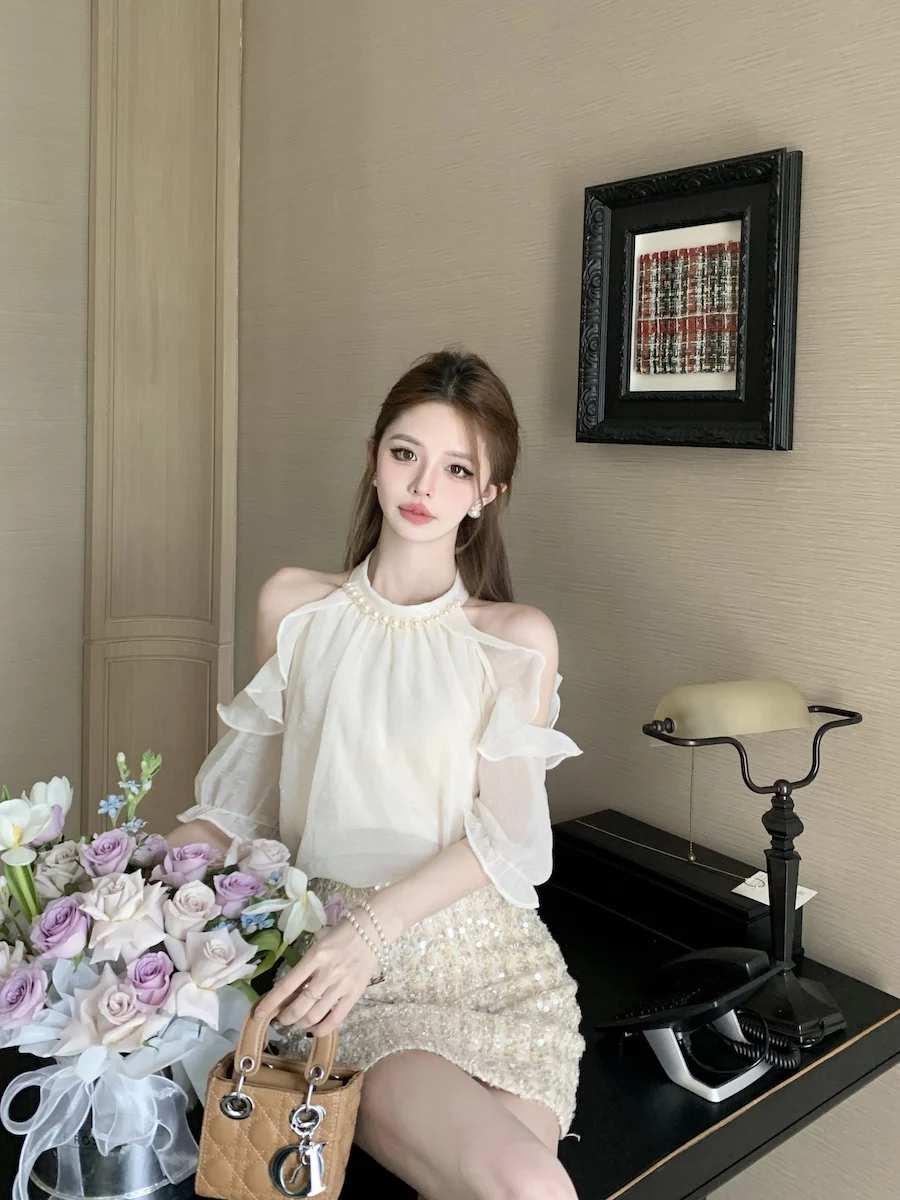 French Style Beaded Chiffon Blouse Sweet Off Shoulder Ruffles Shirt Solid Color Summer Women Tops