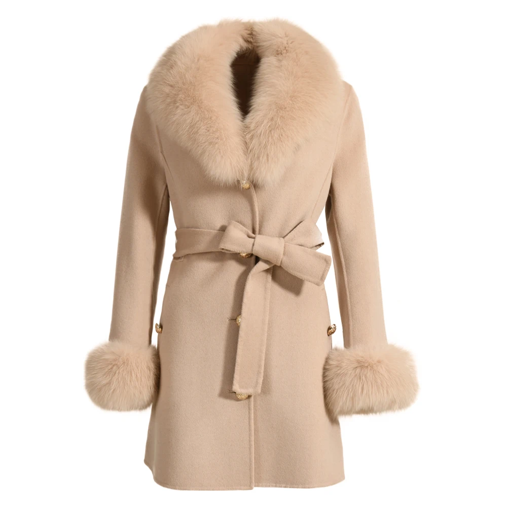 Jxwatcher Women Cashmere Wool Blend Coat Natural Fox Fur Collar Cuffs Ladies Autumn Winter Belt Slim Jacket New in Outerwears