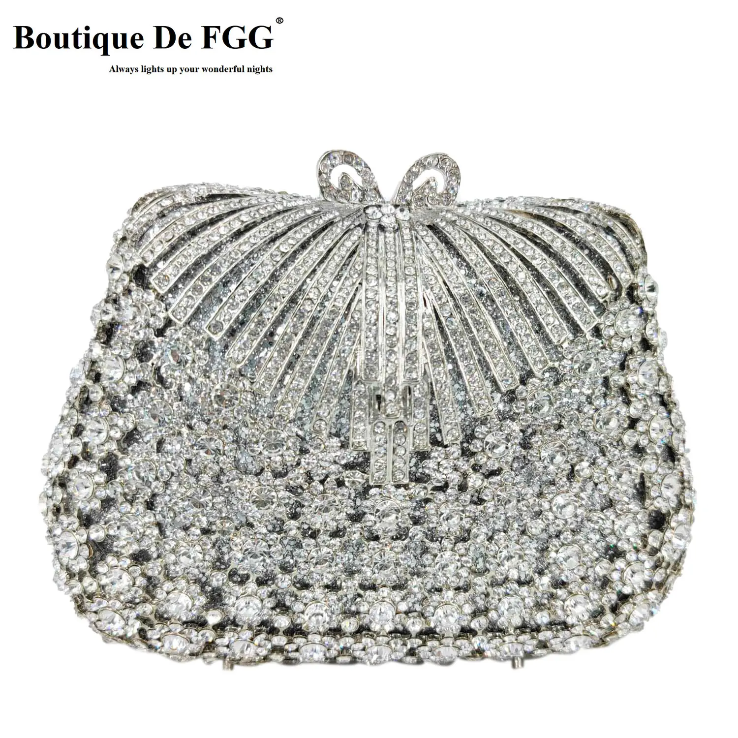 

Boutique De FGG Luxury Women Silver Evening Bags Wedding Party Crystal Clutch Handbags Bridal Rhinestone Minaudere Bag